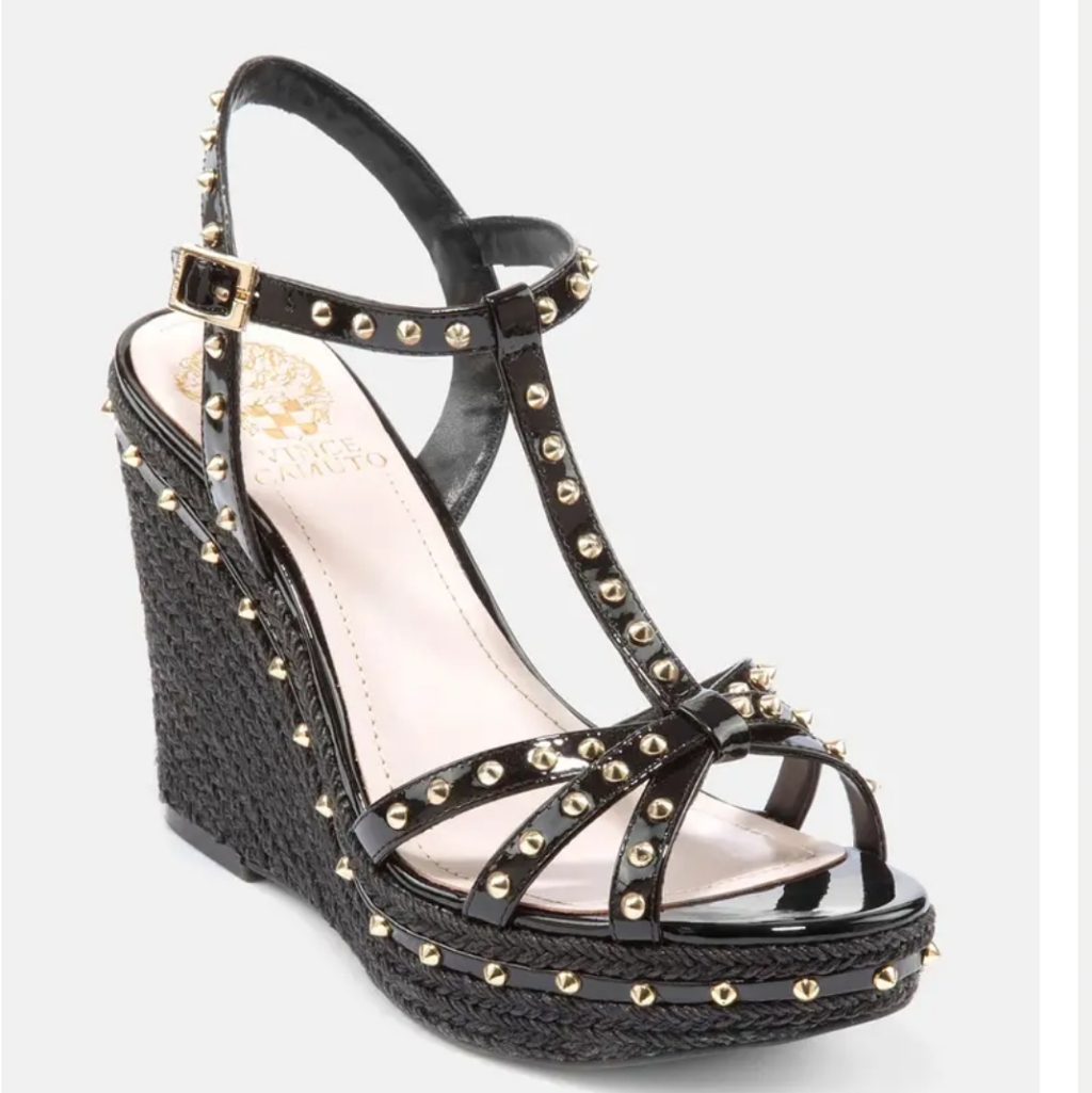Vince Camuto T-Strap Wedge Sandal With Gold Studs